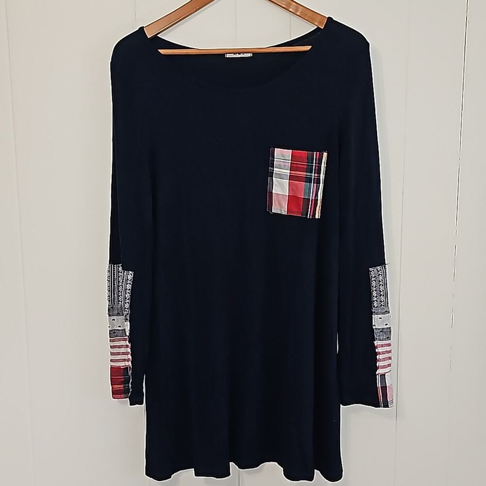 Mon Ami Navy Blue Americana Patchwork Long Sleeves Shirt Dress Women M Patriotic